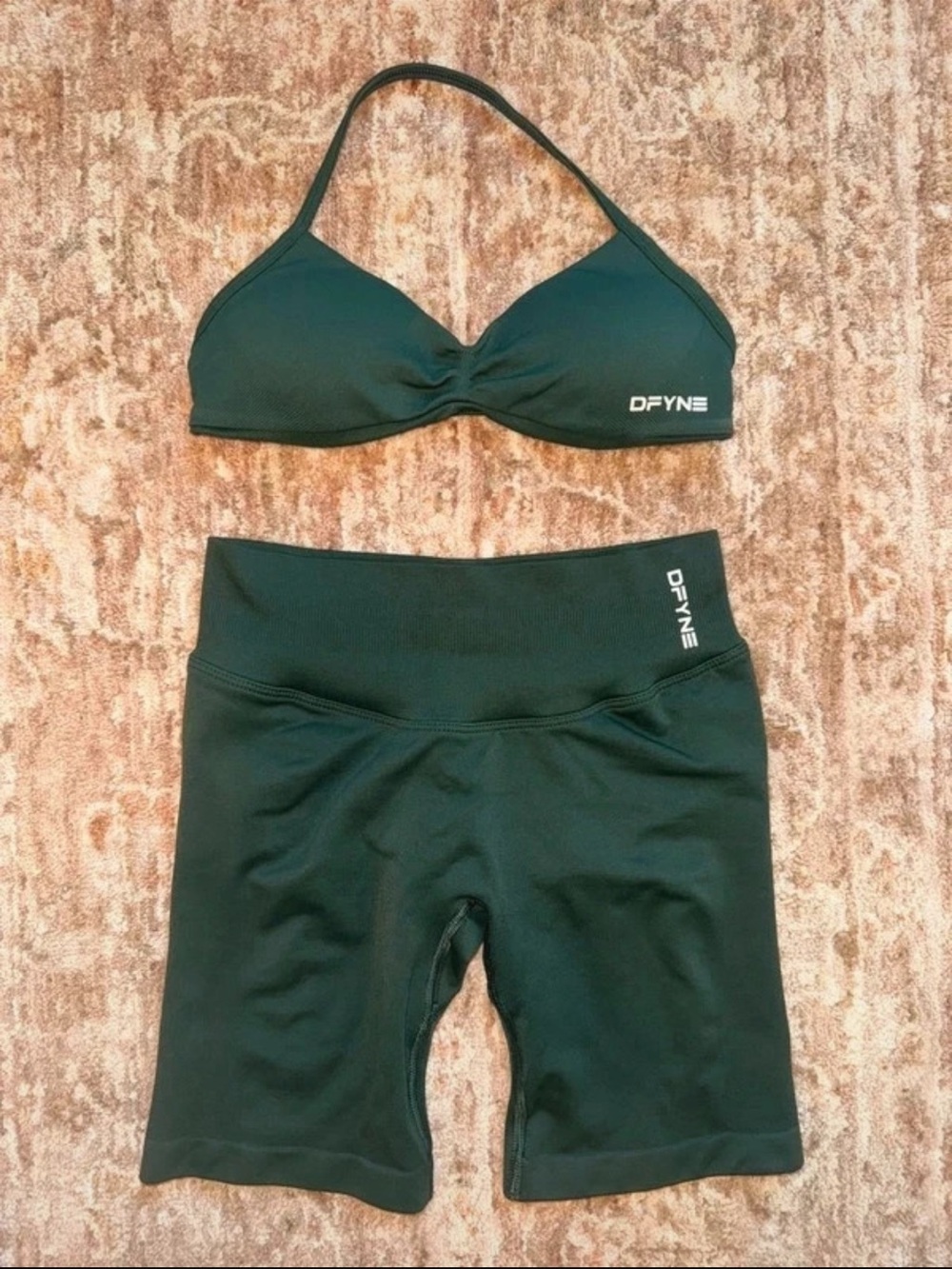 Women's DFYNE Dark Green Swim Top and Bike Short Set in pine